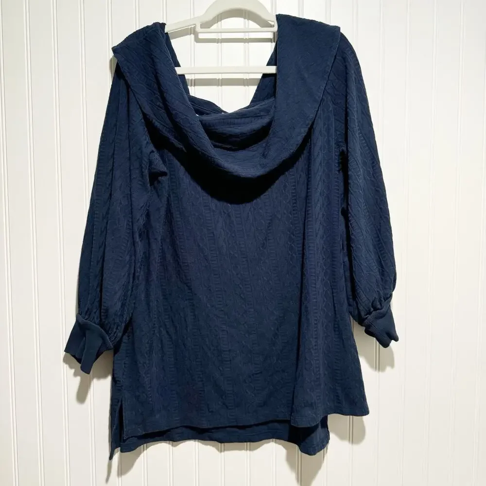 Anthropologie Navy Blue Cableknit Off The Shoulder Sweater Plus Size 1X - Picture 2 of 7